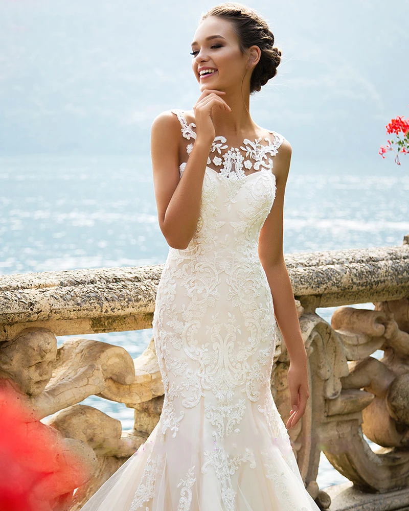 

Elegant Mermaid Wedding Dress 2017 Sleeveless Sexy Backless Sheer Neck Wedding Gown for Bride with Appliques Robe de mariage