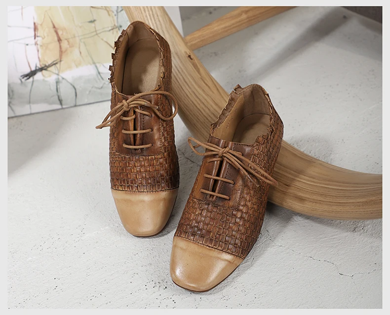Woven Shoes Woman Latest Design Female Colorful Flat Shoes Hand-Painted Lace-Up Lady Casual Shoes Square Toe Footwear