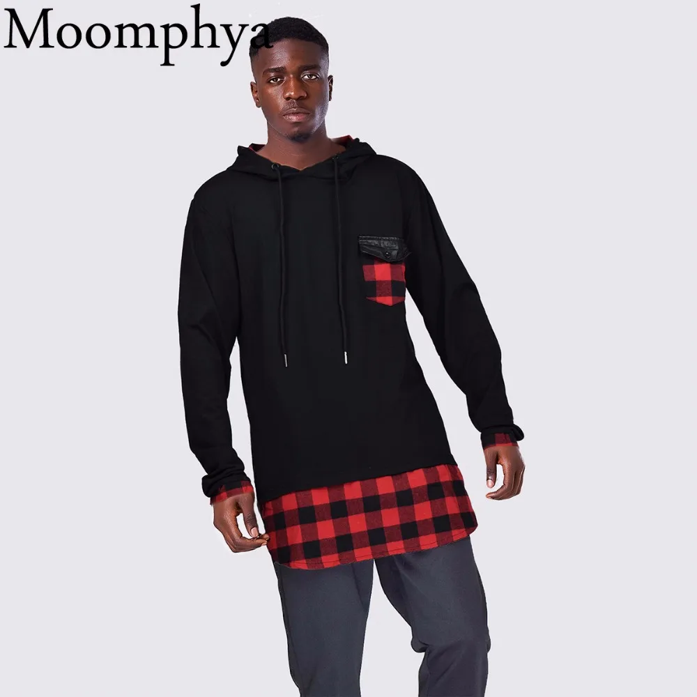 Moomphya Fall plaid patchwork hoodies Full sleeve side zip curve hem hooded sweatshirt hip hop streetwear men|hoodies men|streetwear hoodiesweatshirt