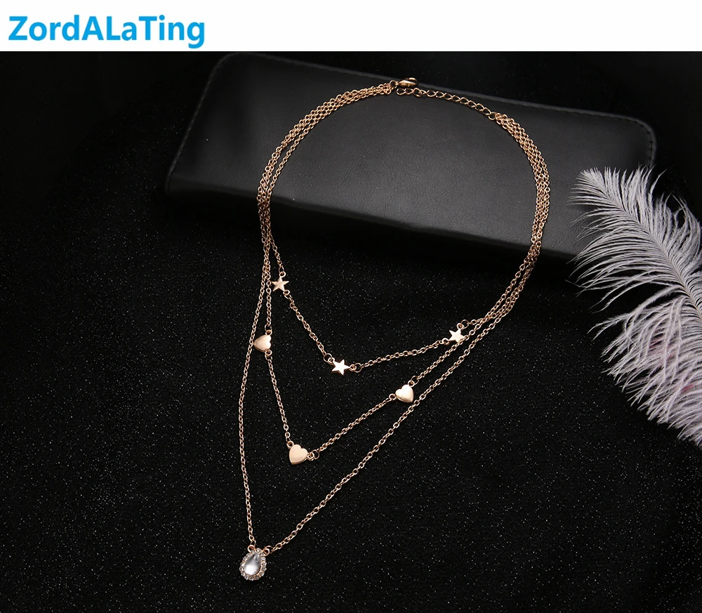 Copper alloy opal rhinestone love heart five-star water drop three layers necklace for women new fashion pendant long | Украшения и
