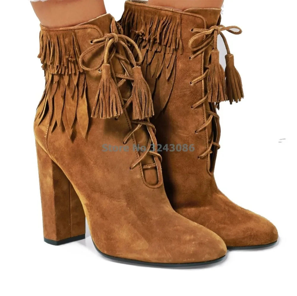 Beli Baru Fringe Suede Ankle Boots Cross Diikat Renda Chunky Kuku Tumit Sepatu Bot Coklat Rumbai Nubuck Sepatu Fashion Kasual Wanita Sepatu
