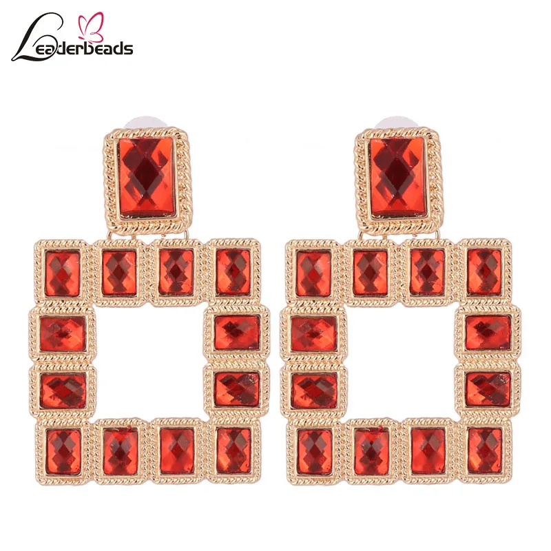 LEADERBEADS Trendy Multicolor Crystal Square Stud Earrings Vintage Geometric Alloy Chandelier Earring Women ZA Statement Jewelry | Украшения