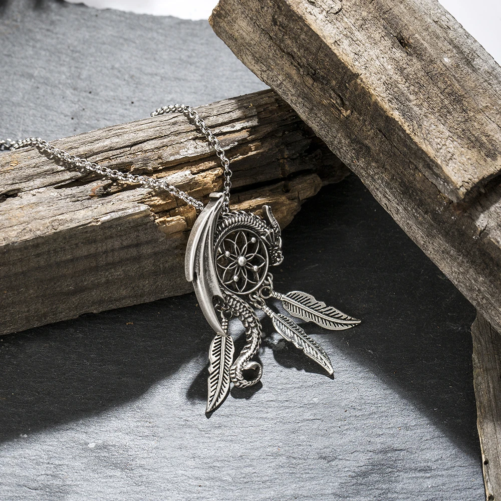

Dragon Pendant Dream Catcher Necklace Boho Bohemian Women Choker Jewelry Viking Amulet Charm Antique Plated