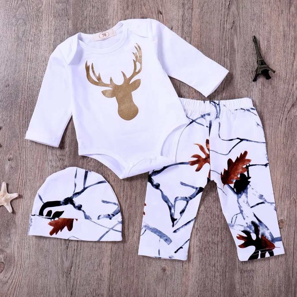 

2018 3PCS Baby Boy Girl Clothing Set Cotton White Long Sleeve Tops Golden Deer Printed Bodysuits+Pants+Head Baby Clothes Set