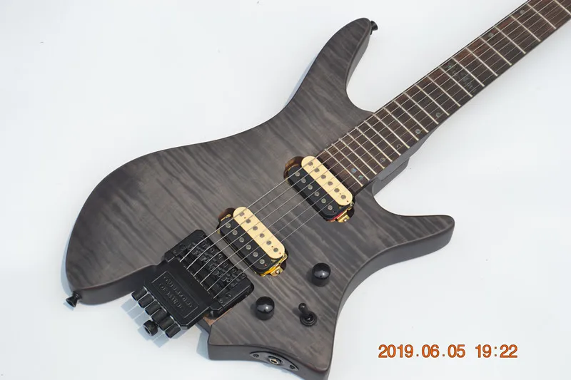 Вентилятор Fretted безголовая электрогитара, матовый серый Пламя клен верх корпус из красного дерева и кленовый гриф BJ-188