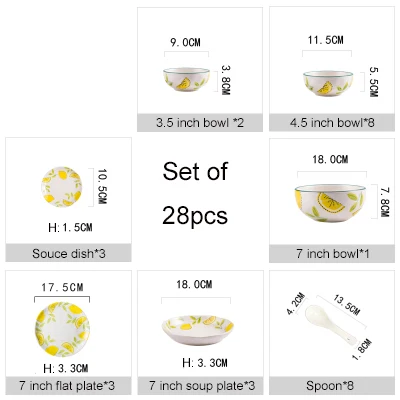 28pcs Новое поступление, креативные фарфоровые тарелки с лимонным рисунком, 18 шт., 28 шт., 58 шт., столовые миски, палочки для еды, тарелки, ложка, набор посуды - Цвет: 28pcs