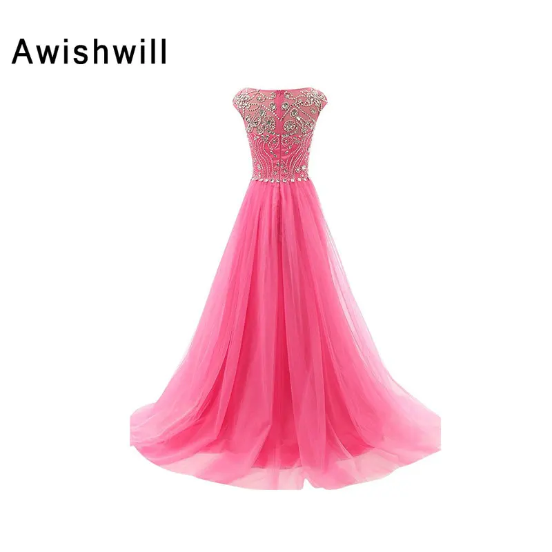 Модные ярко-розовые вечерние выпускные платья фатиновое длинное вечернее платье