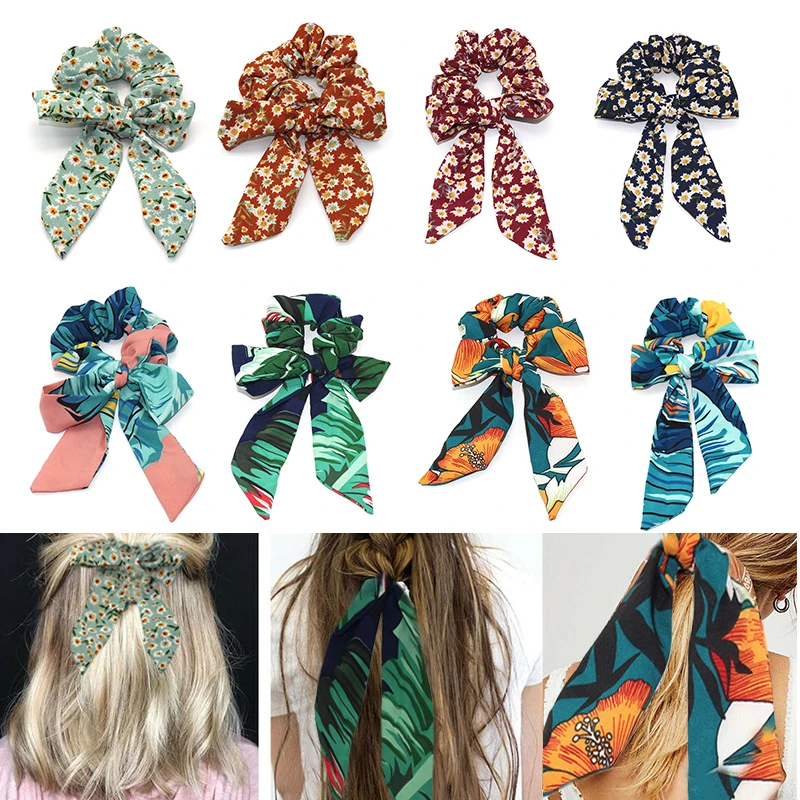 

Ponytail Elastic Scrunchies Bow Hair Rope Scarf Tie Ribbon Print Hair Bands Boho