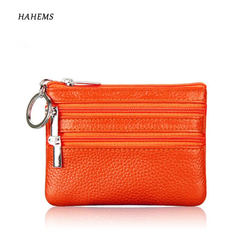 Женский кошелек из натуральной кожи на двойной молнии, мини кошелек с цепочкой, кошелек для монет, высокое качество, мягкий однотонный кошелек на молнии с пряжкой для ключей - Цвет: Orange