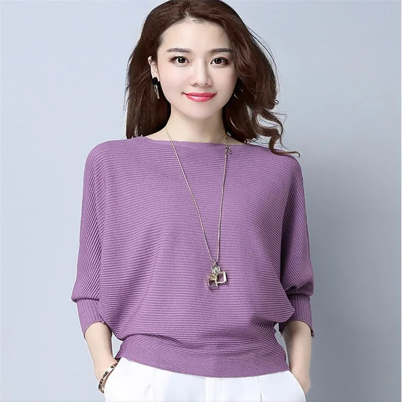

Woman Spring Hot Sale Slash Neck Short Three Quarter Batwing Sleeve Solid Thin Sweater Female Fall Summer Hedging Loose Sweater