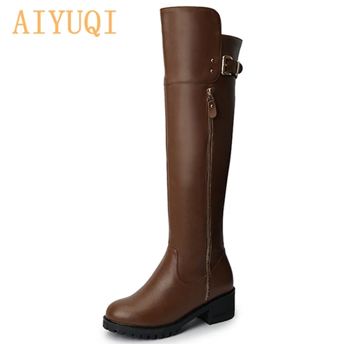 brown AIYUQI женские сапоги для верховой езды г. Новые зимние женские ботфорты из натуральной кожи модные женские сапоги для верховой езды, большие размеры 41, 42 - Цвет: brown