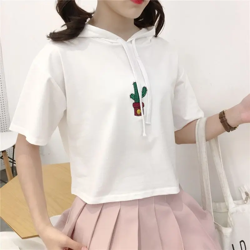 

Harajuku Women Hoodie T-shirt Cactus Print T Shirt Short Sleeve Casual Loose Top Tee