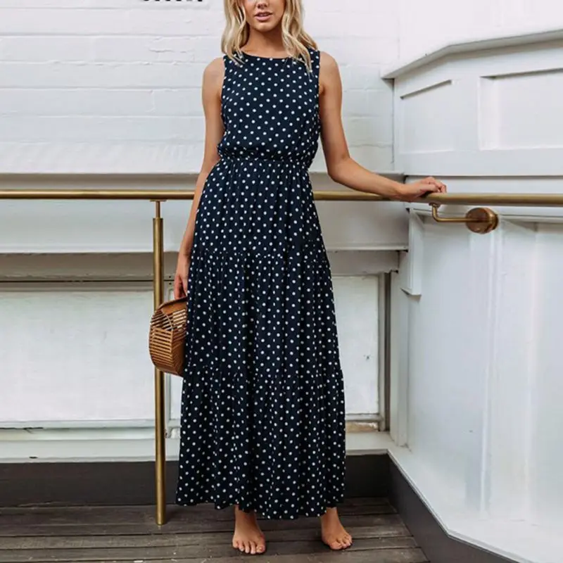 Женское Свободное платье в горошек без рукавов с круглым вырезом летнее пляжное