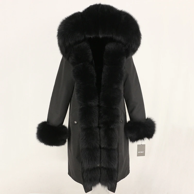 Женское пальто на меху с капюшоном OFTBUY, черная непромокаемая парка со съемным натуральным лисьим мехом на капюшоне, зима