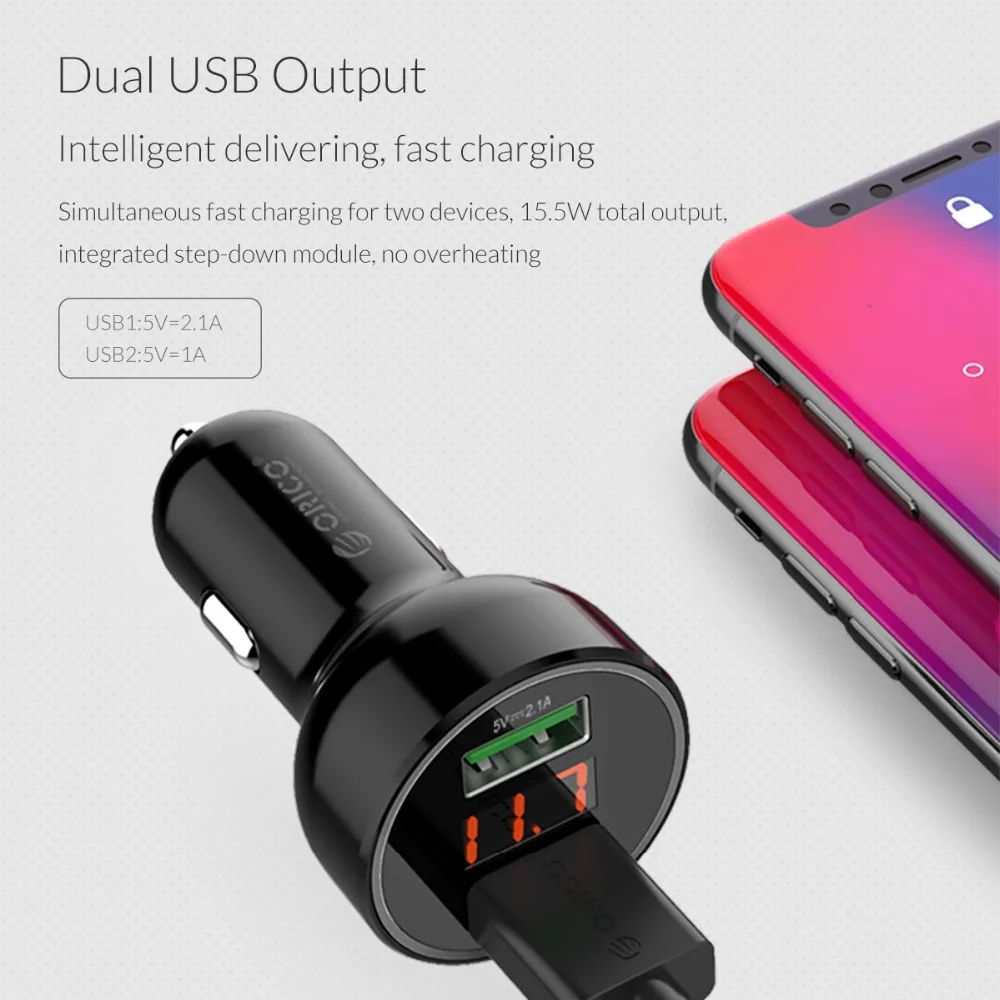 ORICO UPK-2U 15,5 Вт светодио дный Дисплей автомобилей USB зарядка ABS Мини двойной зарядка через usb телефон Зарядное устройство автомобиля Зарядное устройство для iPhone 7 8 плюс samsung