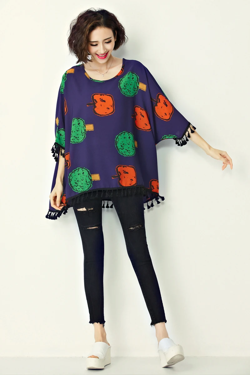 Шифон С Коротким Рукавом Блузка Женская Batwing Кисточкой Печатных Blusas Мухерес