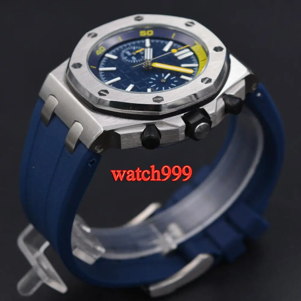 48 мм Corgeut синие часы с резиновым ремнем роскошный стальной хронограф светящийся