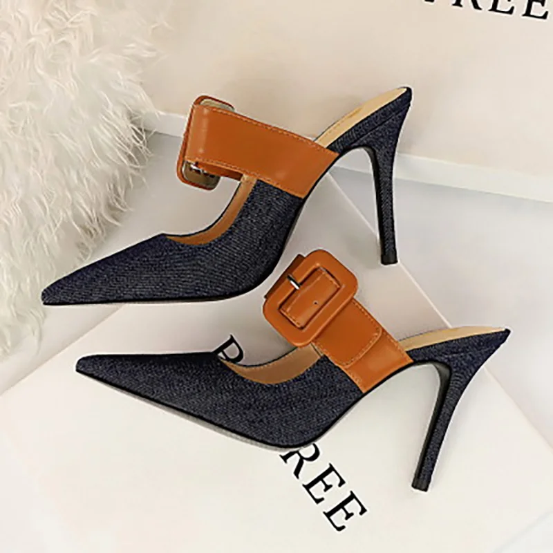 Евро-американские женские туфли тапочки-тюки на высоком каблуке и с неглубоким