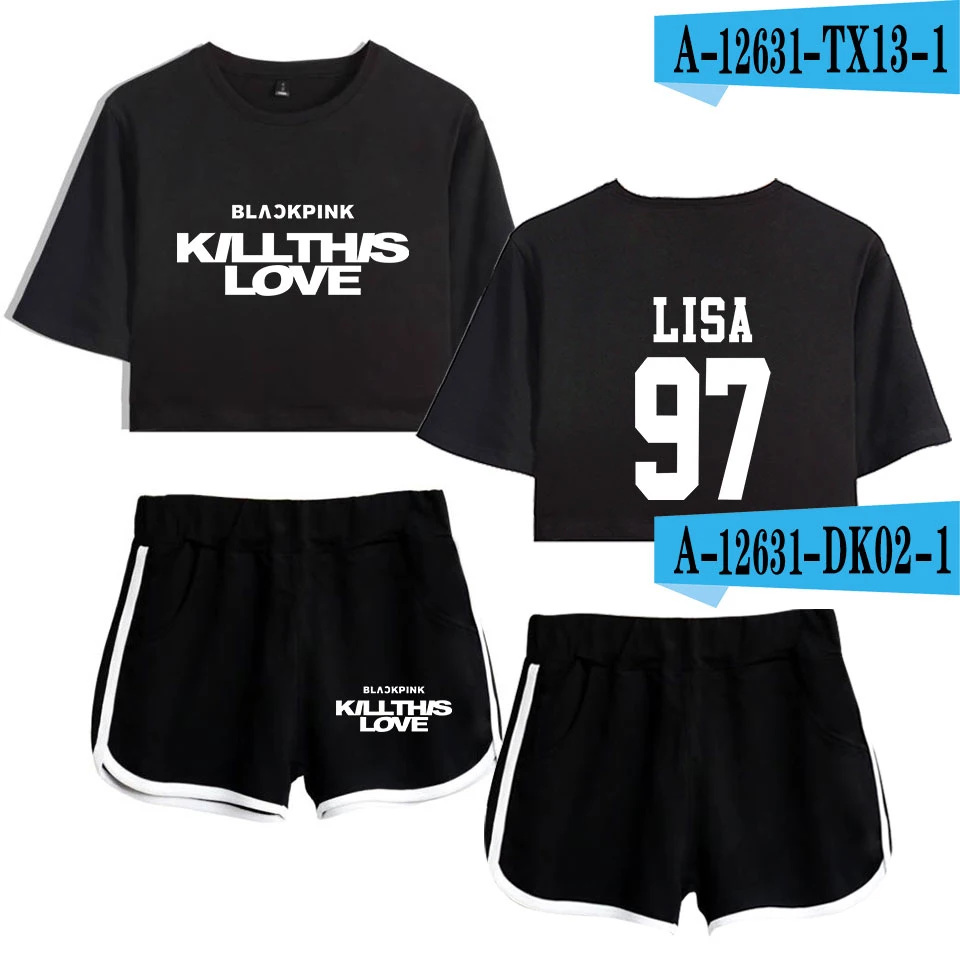 Коричневый Blackpink Kill This Love комплект из двух предметов женская модная летняя одежда для женщин Мини Сексуальная футболка комплект из двух предметов топ+ укороченные штаны - Цвет: Коричневый