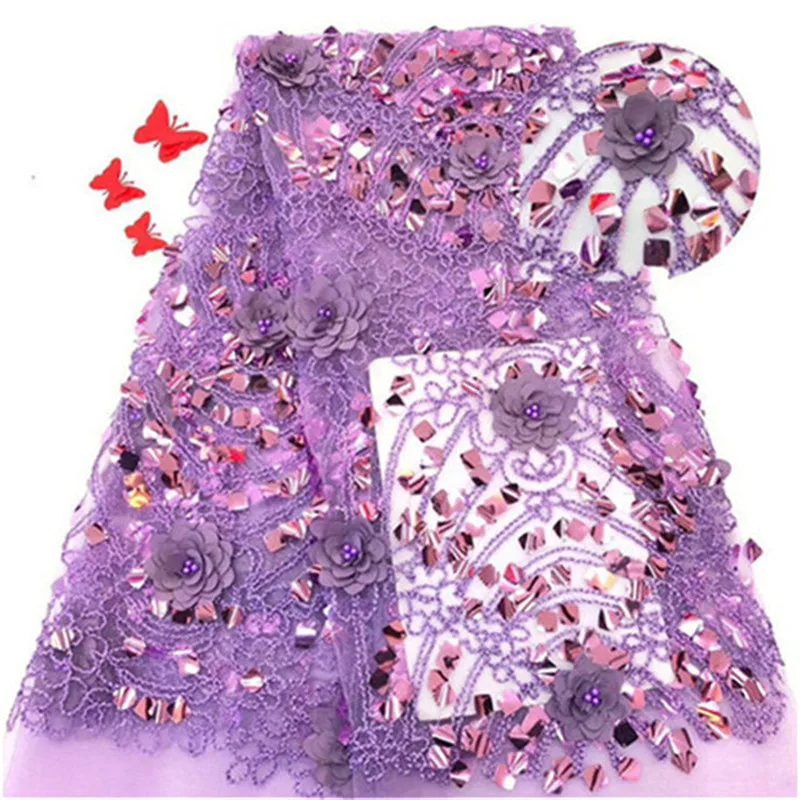 

Nigerian Lace Fabric 2019 High Quality Lace Sequins beads Embroidery 3d Lace Fabric 5yards French African Bridal Lace Fabric