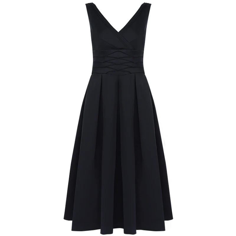 

INDRESSME 2019 New V Neckline Sexy Classic Ball Gown Party A-line Black Midi Dress Women Refined Waisted