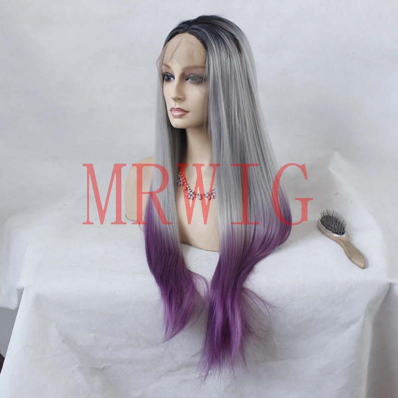 MRWIG длинные прямые серый ombre парик glueless серый/темно-фиолетовый средняя часть
