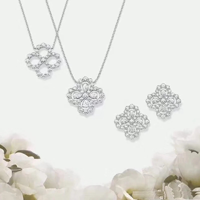 MY Zircon, 925 пробы, серебряные серьги-гвоздики в виде четырехлистного клевера+ ожерелье-воротник, ювелирный набор HW, женский свадебный ювелирный набор
