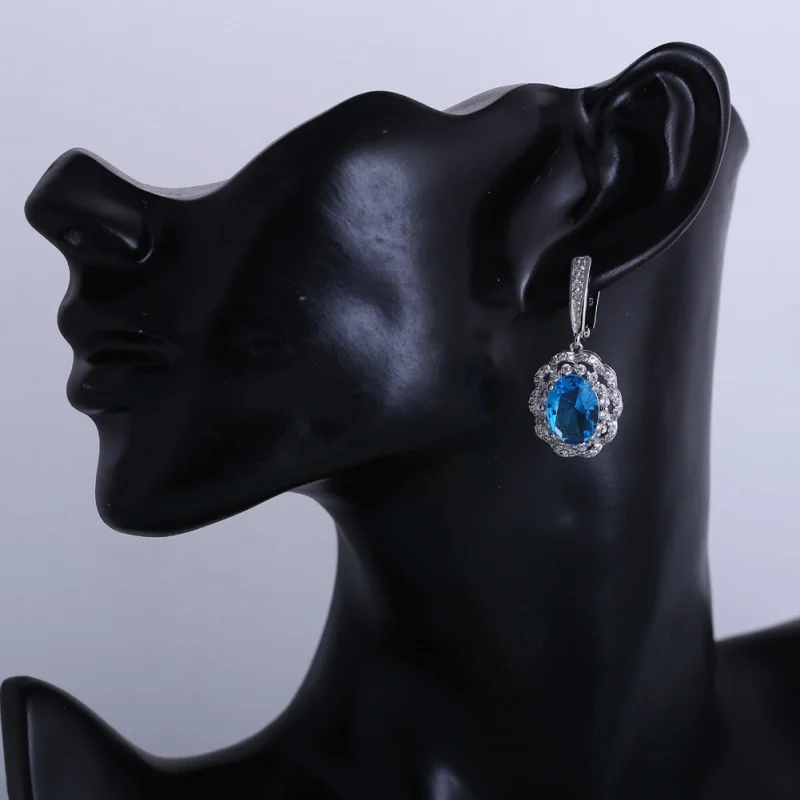 ROLILASON Engagement Celebration light Blue Zircon Round Flower Design For Women Silver Earrings Necklace Ring jewelry Set JS775 | Украшения