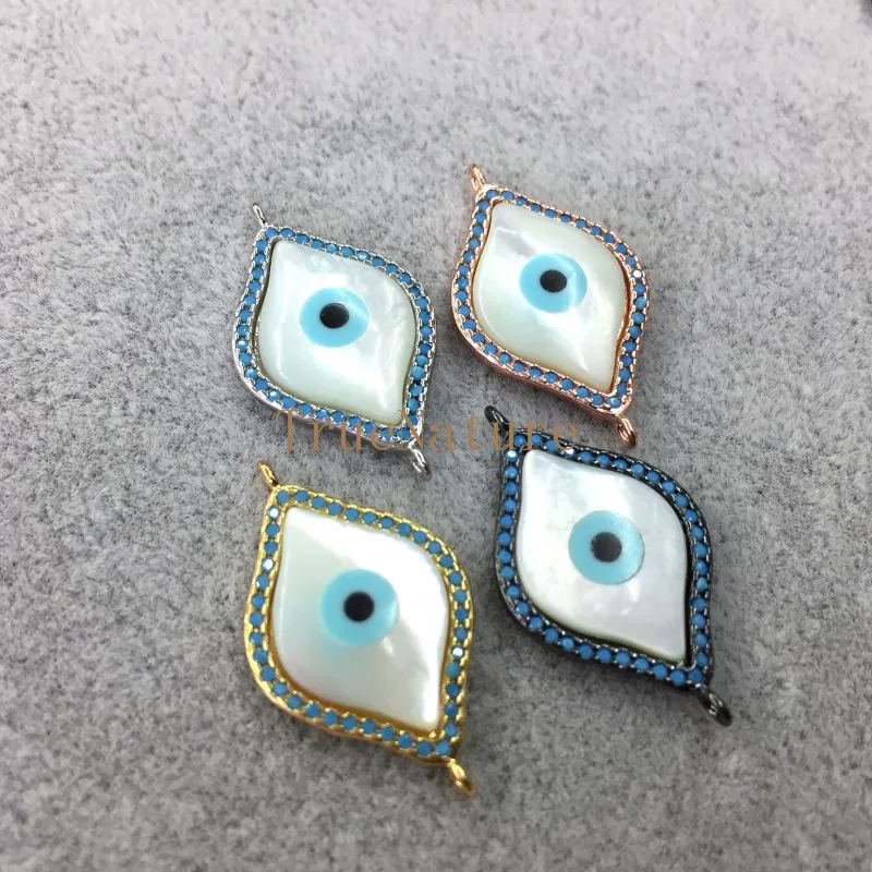

Micro Inserts Turquoise Evil Eye Connector Metal Electroplated Double Bail Pendant For Necklace In 26x15 mm PC5245