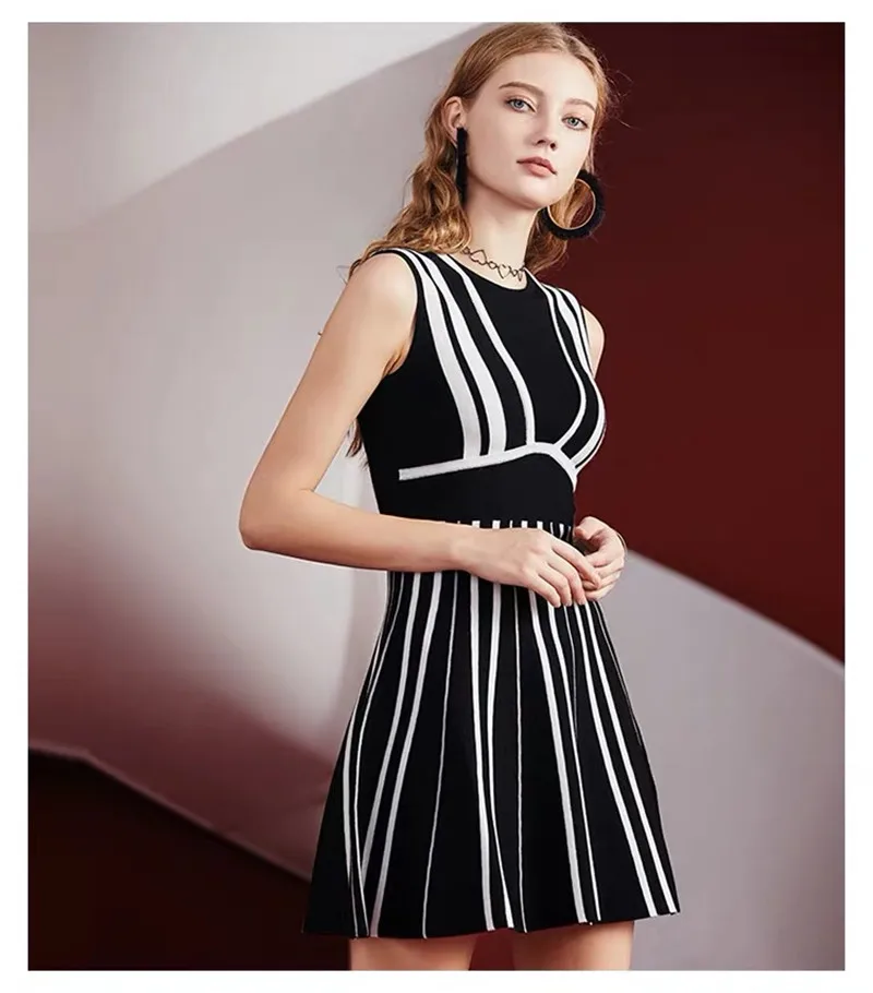 

Luxury Women Vestido Fashion Sleeveless O Neck Jacquard Striped A Line Celebrity Bandage Women Night Club Party Dress