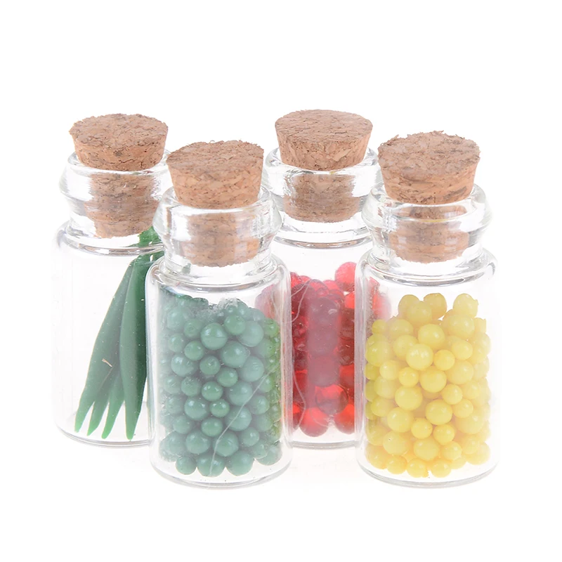 

4 PCS Doll Home Decor Miniature Food Cork Bottle For Doll House Clear Glass Resin Kitchen Food For Girl Birthday Gift