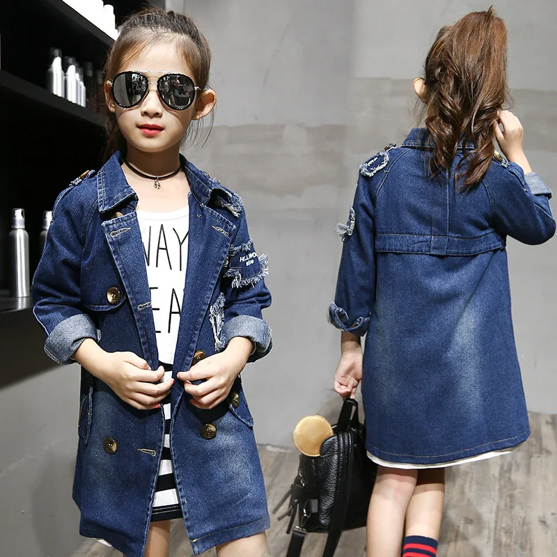 2018 New Fashion Girls Denim Jackets Double-Breasted Coats Kids Trench Coat Girl Long Style Autumn Children Outerwear |
