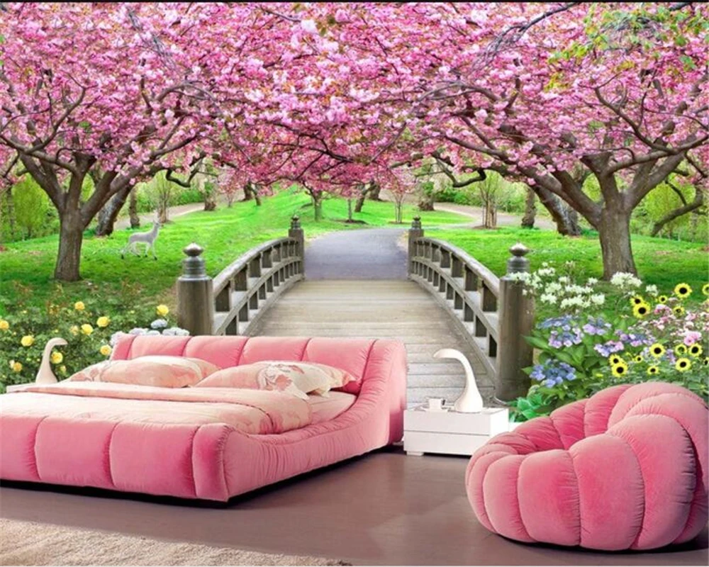 Пользовательские обои 3D фото вишневого дерева мост фон для гостиной фоновые