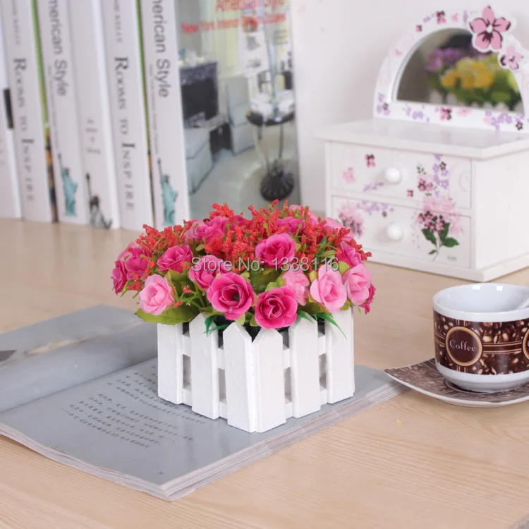 1 Набор 10 см деревянная ваза в виде забора + цветы розы и маргаритки искусственный