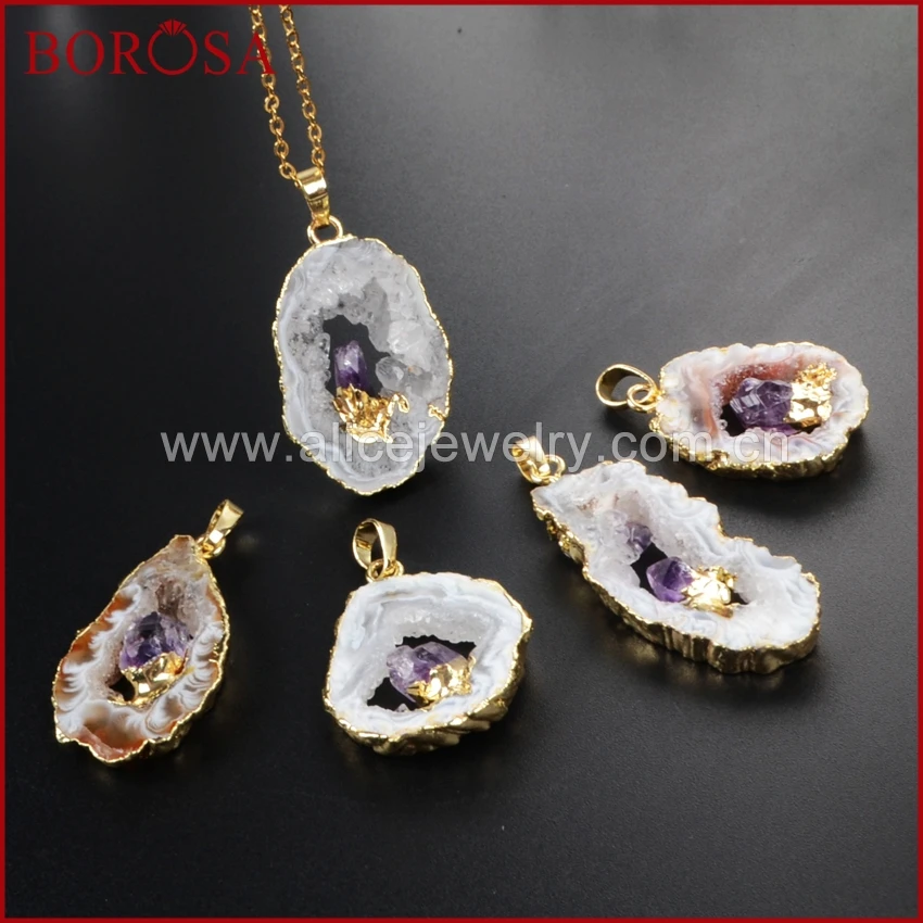 

BOROSA Gold Color Natural Freeform Onyx Druzy Drusy Quartz Slice Pendant Inlay Purple Crystal Bead Necklace Jewelry WX007-N