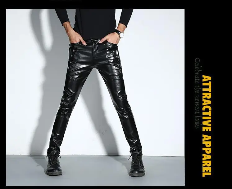 New Men Skinny Leather Pants Fashion Faux Leather Trousers For Male DJ Rock Stage Club Wear Biker Motorcycle Pants