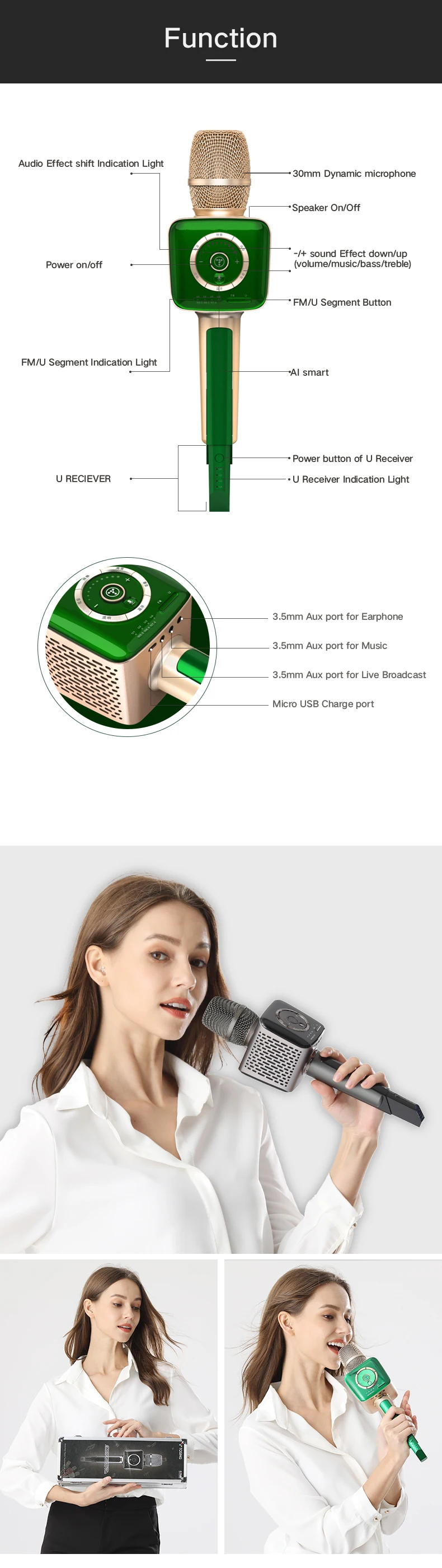 Тосинг микрофон продавец смартфон HIFI bluetooth/FM/UHF/EOV/AUX IN/наушники Ручной беспроводной караоке профессиональный микрофон
