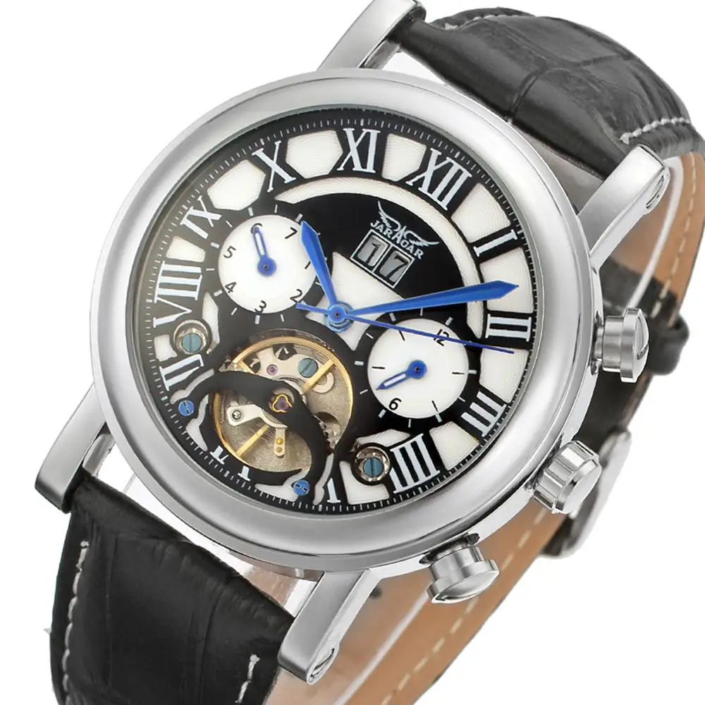 

JARAGAR NEW Fashion Automatic Mechanical Men Watches Tourbillon Working Sub-dials Dial Leather Strap Luxury Roman Wristwatches