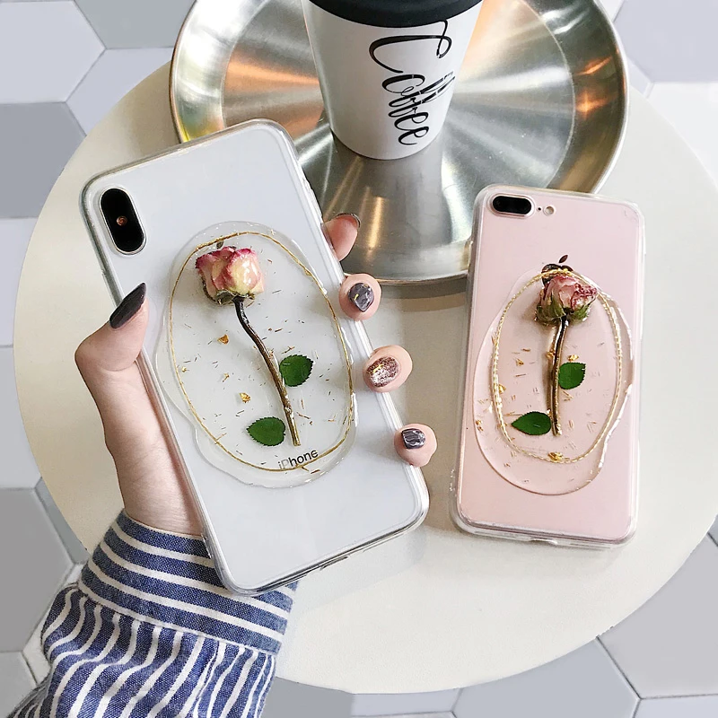 GlamPhoneCase Dried Flower Rose Phone Case for iPhone XS Max XR X 8plus 8 7plus 7 6S/6 Plus Transparent Soft TPU Back Cover |