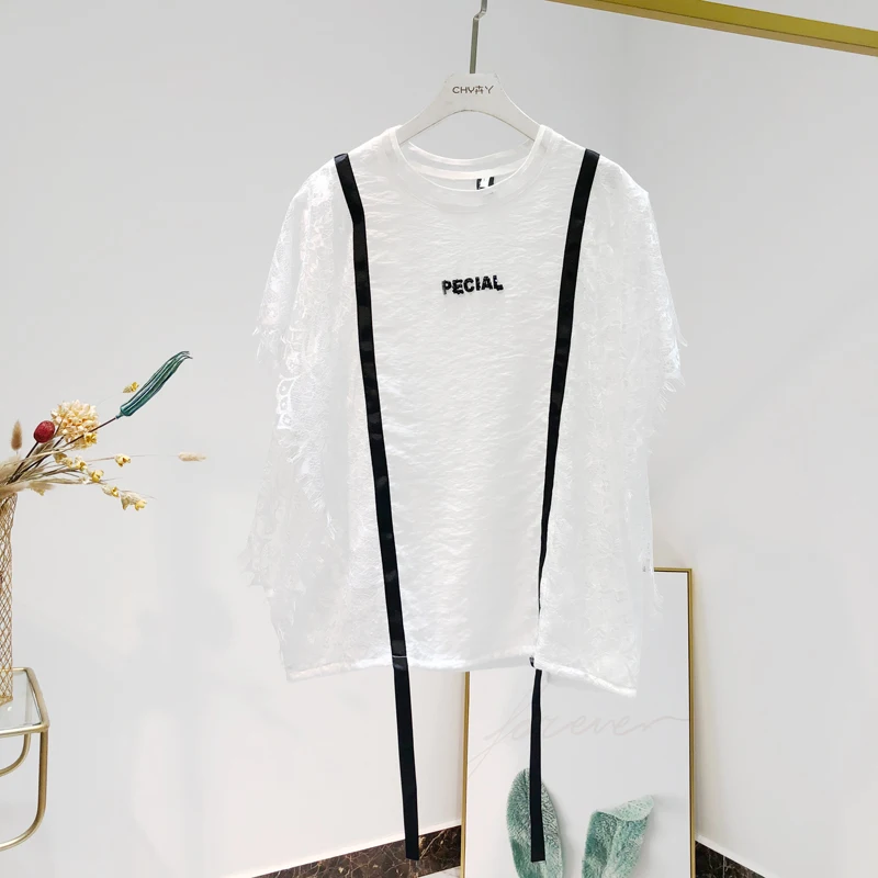 Женская футболка с длинным рукавом Kpop Tumblr буквенным принтом и кружевом лето