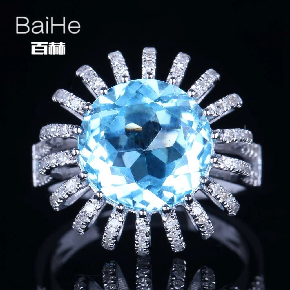 Baihe стерлингового серебра 925 7.4ct сертифицированных Небесно-Голубой безупречный круглый сократить подлинной голубой топаз свадебное Для женщин Мода Ювелирные украшения кольцо