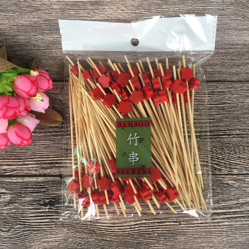 flower red 100pc12cm сердце цветок бамбука палочка буфет фрукт для кекса вилка вечерние десерт салат палочка коктейльный шампур для свадебного декора - Цвет: flower red