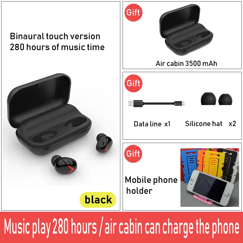 Black -3500 mAh YUNAO TWS беспроводные Bluetooth наушники сенсорные наушники ln-ear беспроводные Bluetooth спортивные наушники зарядная коробка может заряжать ваш телефон - Цвет: Black -3500 mAh