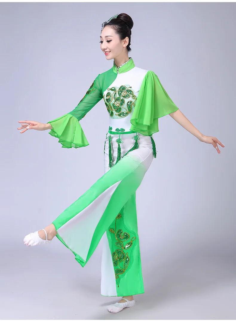 Новая Детская Классическая танцевальная одежда Yangko Jiangnan Umbrella танцевальный веер Женская одежда для выступлений рукава сценические костюмы