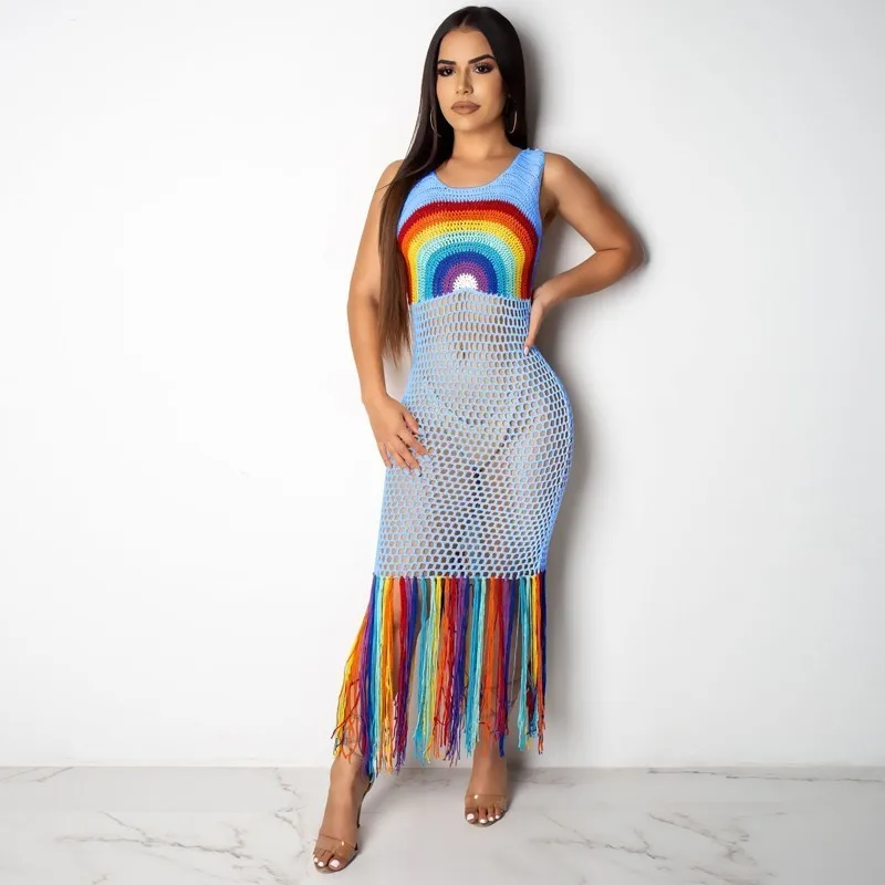 Женское длинное платье с кисточками Slaygirl Пляжное Платье круглым вырезом Клубное