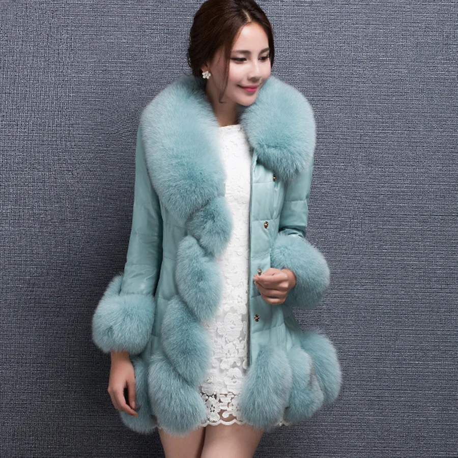 new high quality women's! fur coat fox fur collar sheep skin fox long coat winter coat women's plus size S-4XL