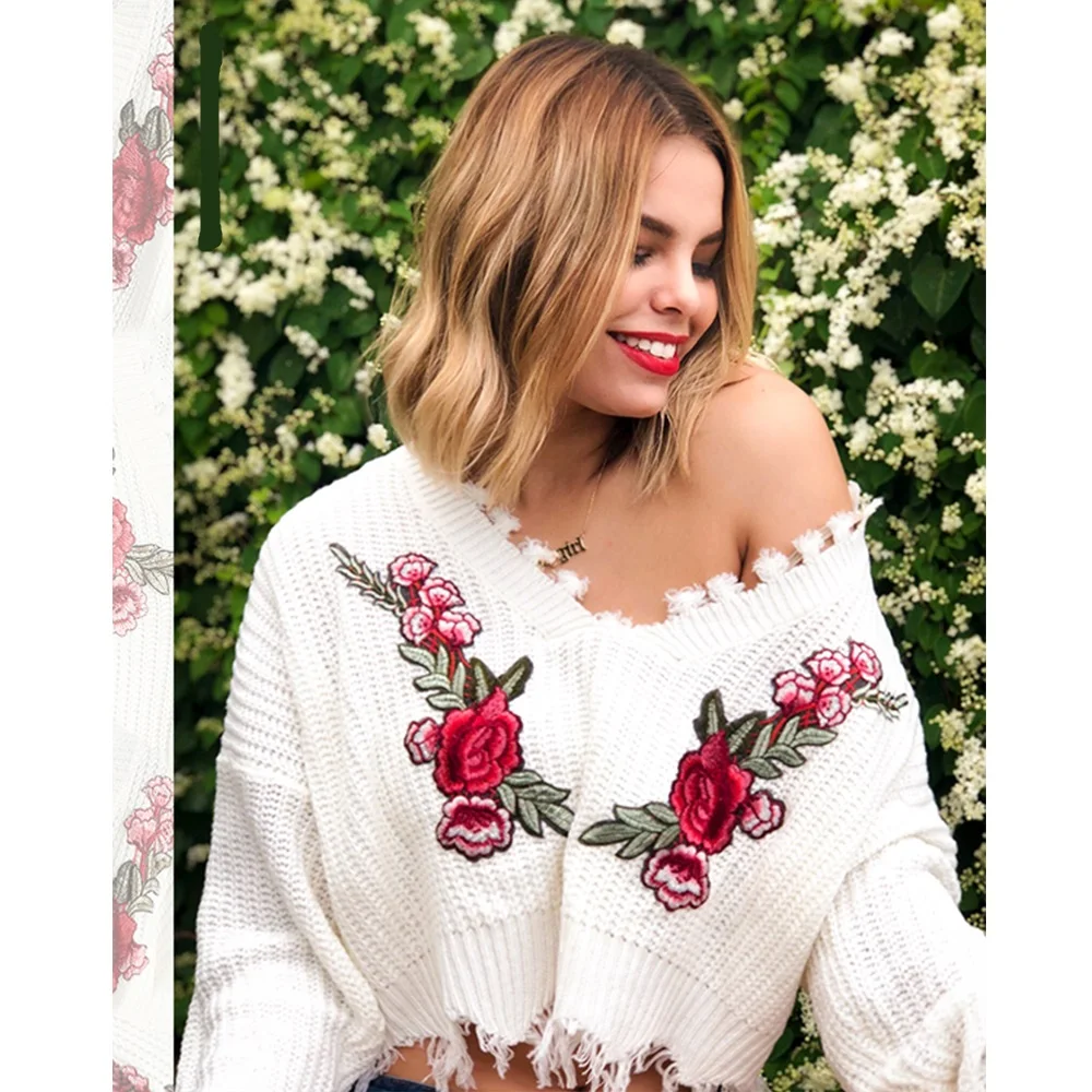 AZULINA Women Sweater Autumn Frayed V Neck Floral Embroidered Sweaters Casual Ladies Tops Pullovers Oversized Womens Outwear New | Женская