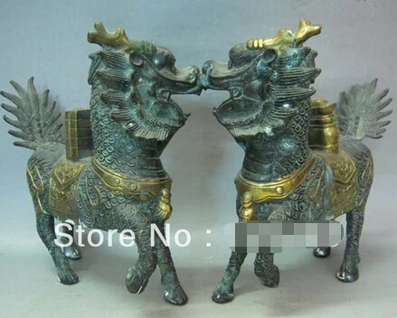 0 пара старый китайский позолоченный бронзовый защитник Kylin Chi Lin статуя|statue|statue