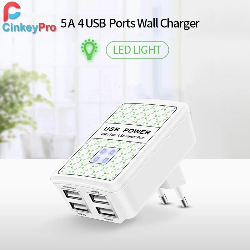 CinkeyPro 4-Ports USB Charger with LED Light 5V/3A Fast Charging Mobile Phone Universal for Samsung iPad iPhone 8 X | Мобильные