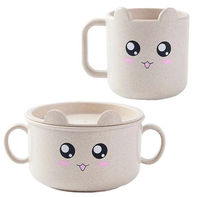Beige Cup x Bowl 2 шт. Набор для кормления ребенка чашка утолщенная дети учатся для кормления питья вода соломенная ручка бутылка обучение Детская кружка для Кормления Чаша - Цвет: Beige Cup x Bowl